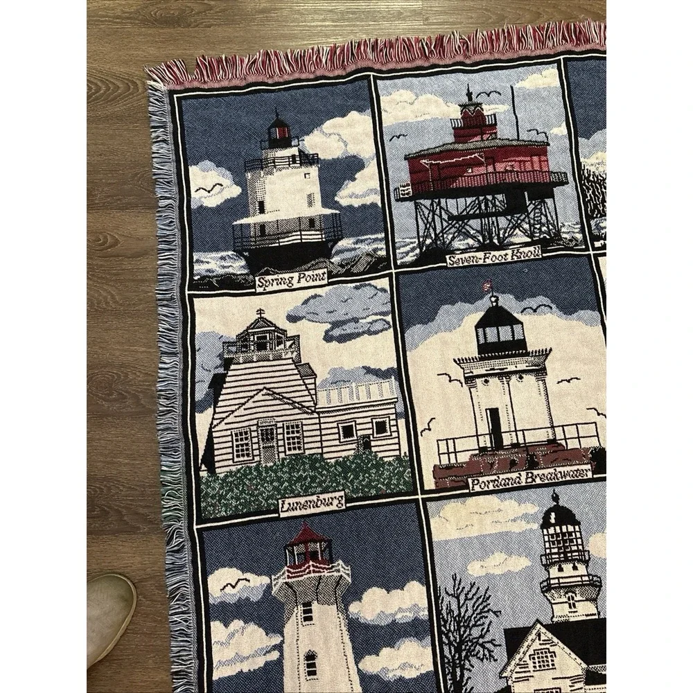 VTG Goodwin Weavers HISTORICAL Lighthouse Tapestry Throw Blanket USA 62 X  42